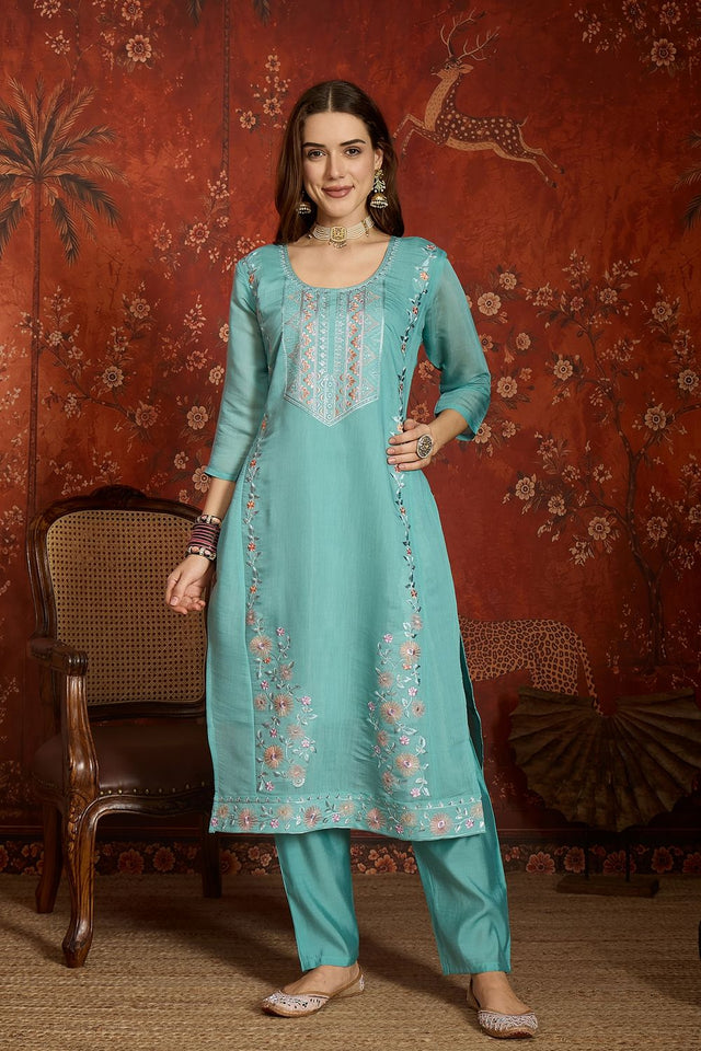 Sea Green Floral Embroidered Chanderi Kurti Pant Set (ACA9380)