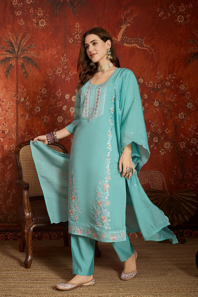 Sea Green Floral Embroidered Chanderi Kurti Pant Set (ACA9380)