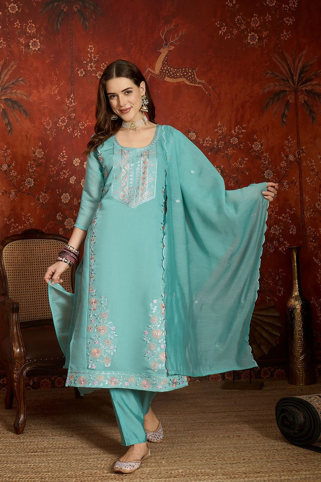 Sea Green Floral Embroidered Chanderi Kurti Pant Set (ACA9380)