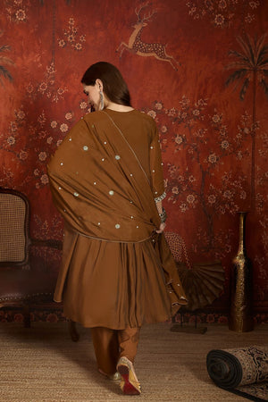 Brown Floral Embroidered Chanderi Kurti Pant Set (ACA9381)