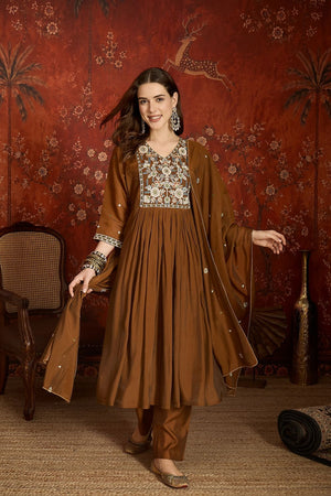 Brown Floral Embroidered Chanderi Kurti Pant Set (ACA9381)