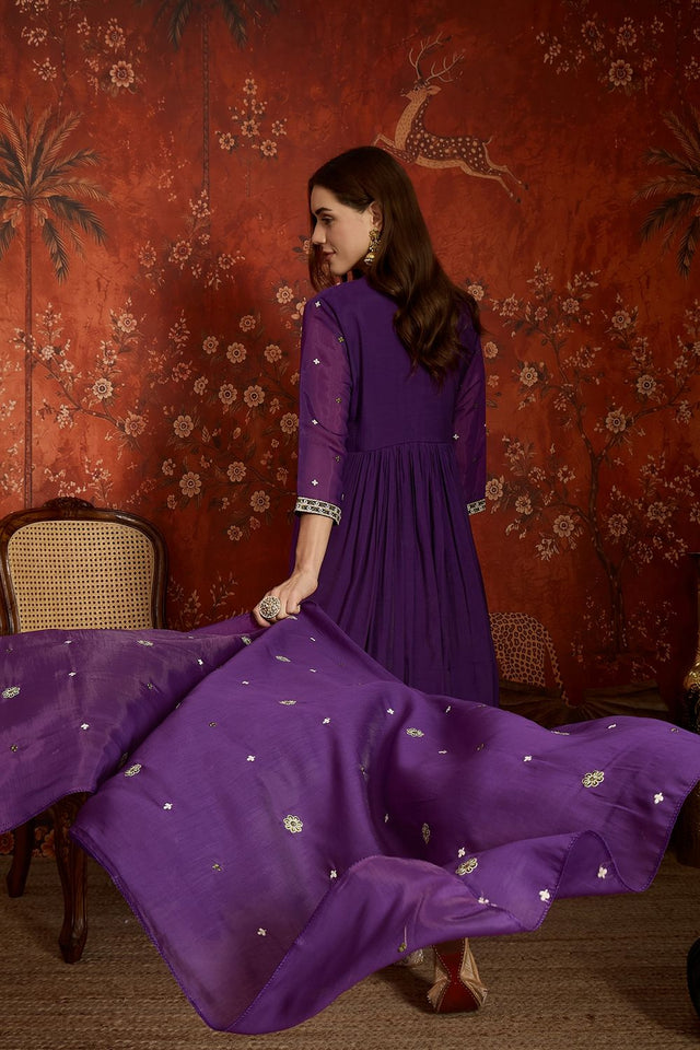 Purple Floral Embroidered Chanderi Anarkali Suit (ACA9382)