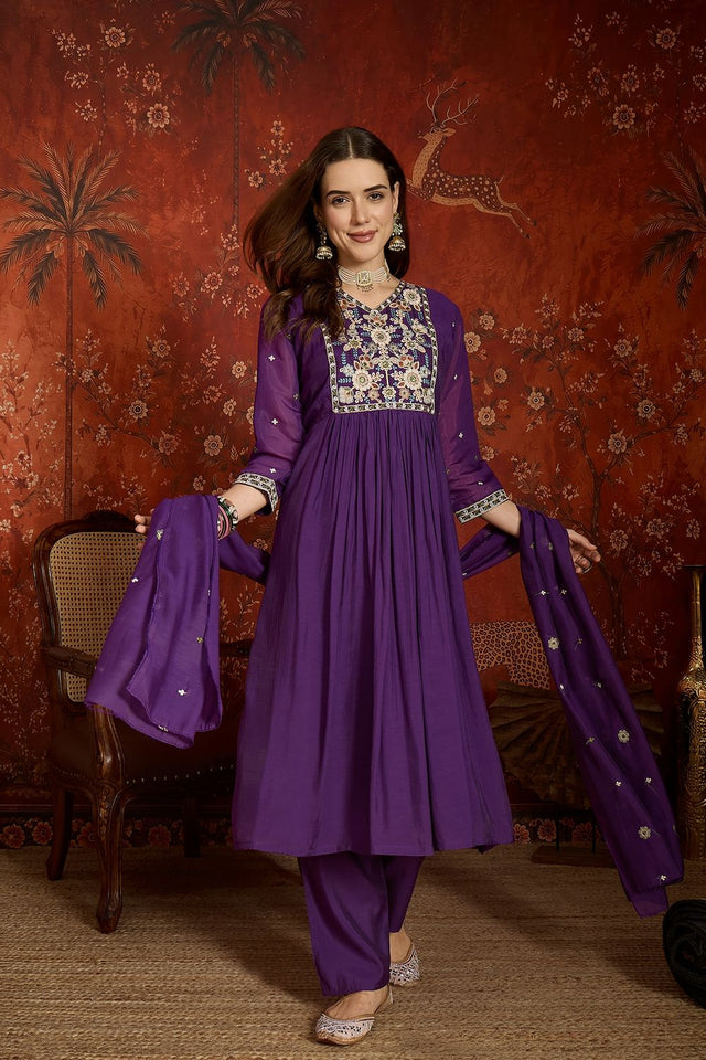 Purple Floral Embroidered Chanderi Anarkali Suit (ACA9382)