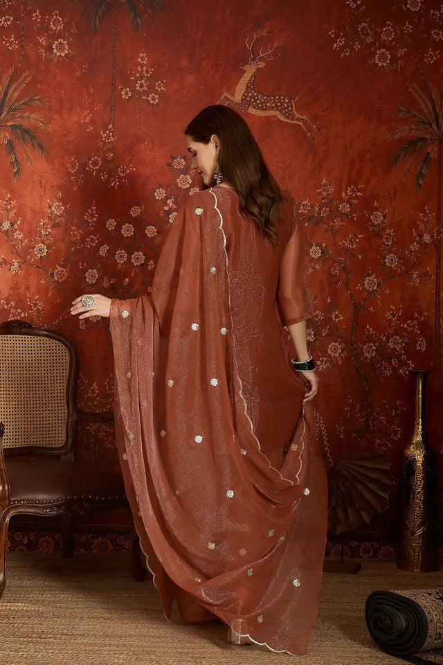 Brown Sequin with Embroidered Shimmer Palazzo Suit (ACA9383)