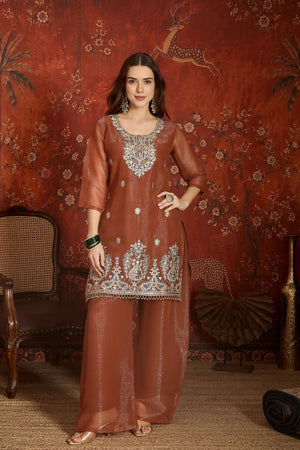 Brown Sequin with Embroidered Shimmer Palazzo Suit (ACA9383)