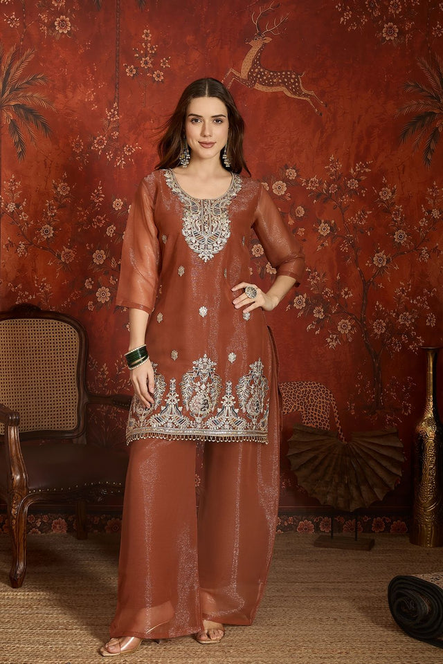Brown Sequin with Embroidered Shimmer Palazzo Suit (ACA9383)