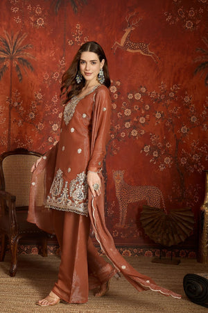 Brown Sequin with Embroidered Shimmer Palazzo Suit (ACA9383)