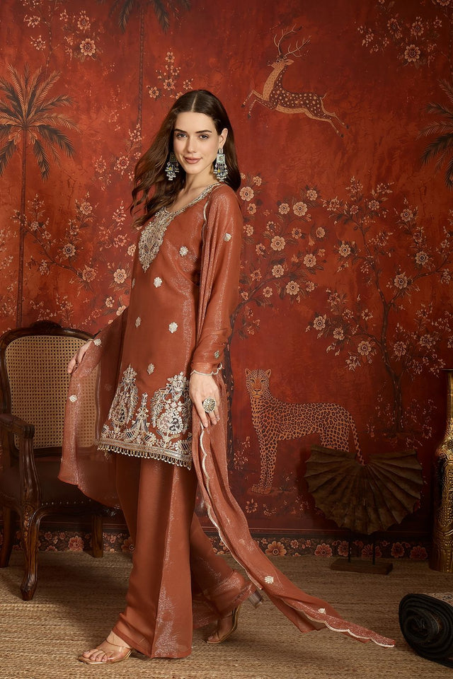 Brown Sequin with Embroidered Shimmer Palazzo Suit (ACA9383)