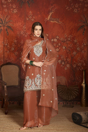 Brown Sequin with Embroidered Shimmer Palazzo Suit (ACA9383)