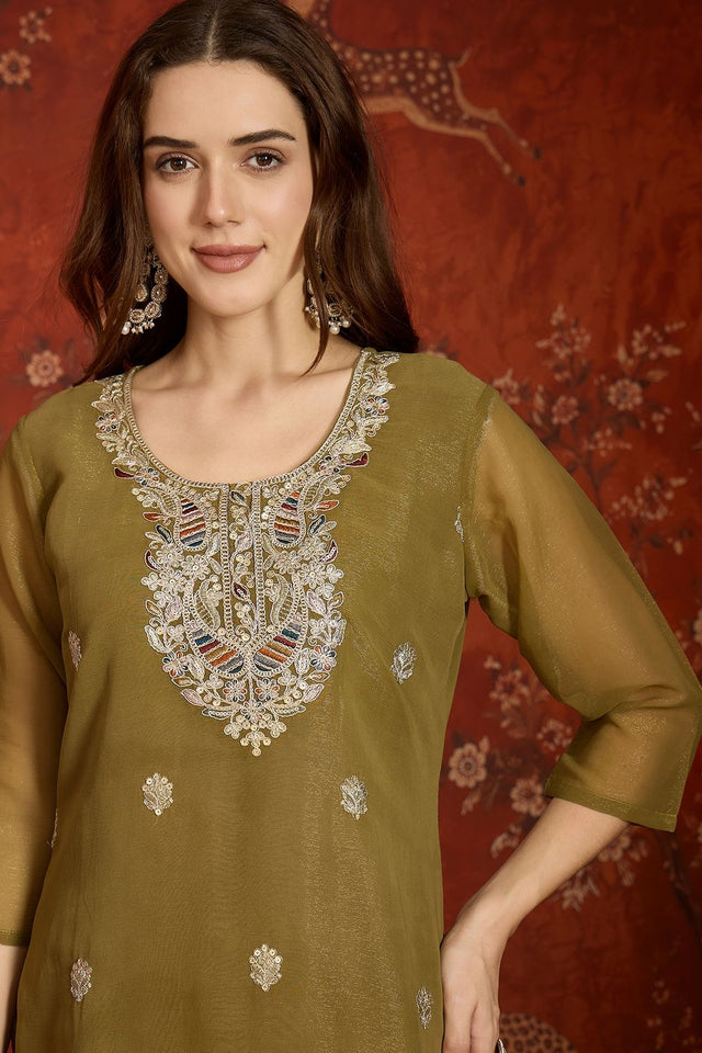 Mehendi Sequin with Embroidered Shimmer Palazzo Suit (ACA9384)