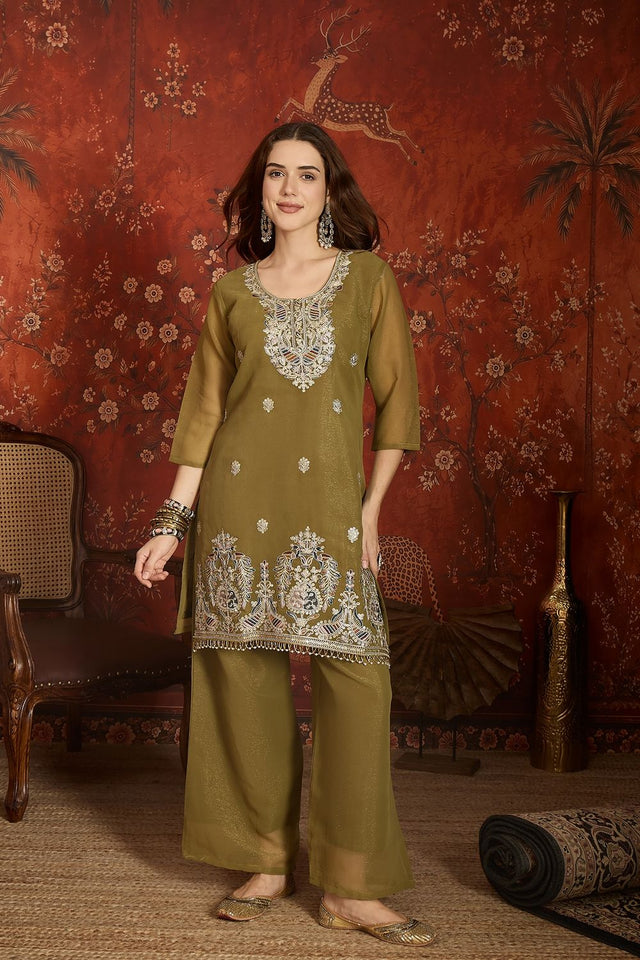Mehendi Sequin with Embroidered Shimmer Palazzo Suit (ACA9384)