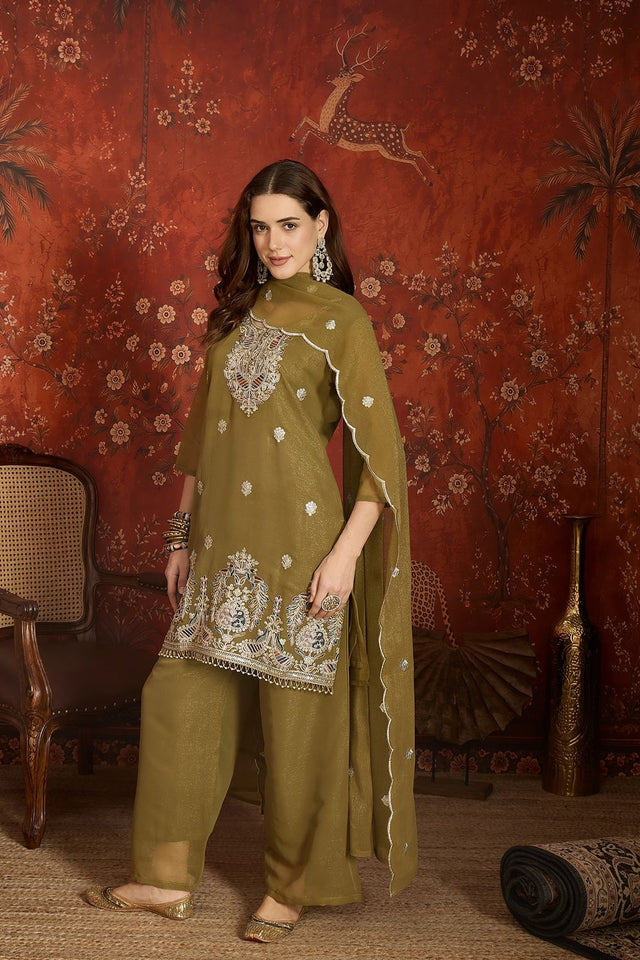Mehendi Sequin with Embroidered Shimmer Palazzo Suit (ACA9384)