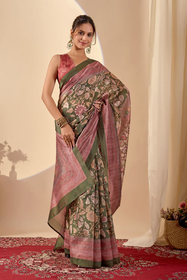 Green Printed Silk Ready to Wear Saree (ACA9385)