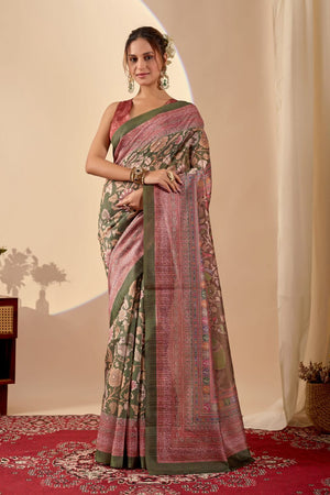 Green Printed Silk Ready to Wear Saree (ACA9385)