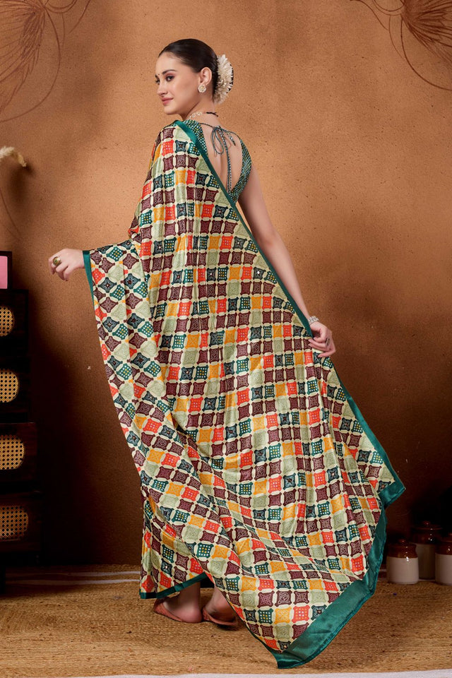 Multi Color Printed Satin Ready to Wear Saree (ACA9386)