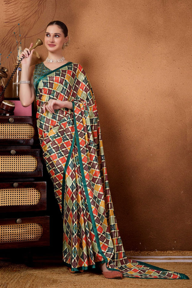 Multi Color Printed Satin Ready to Wear Saree (ACA9386)