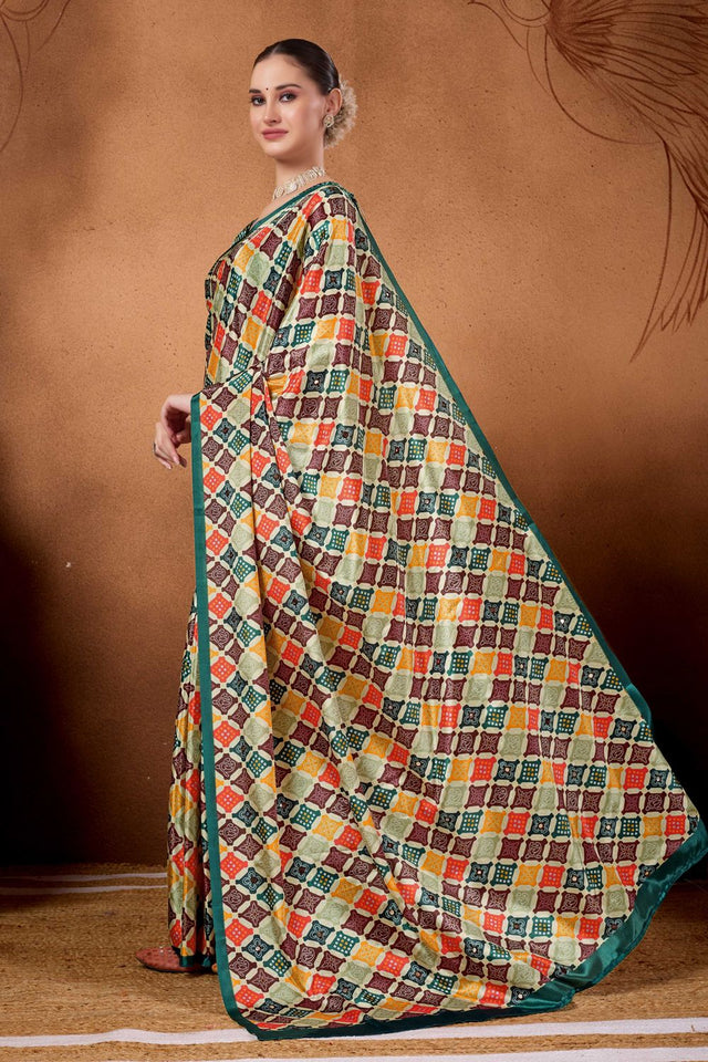 Multi Color Printed Satin Ready to Wear Saree (ACA9386)