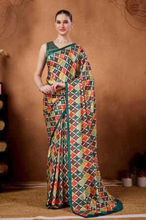 Multi Color Printed Satin Ready to Wear Saree (ACA9386)