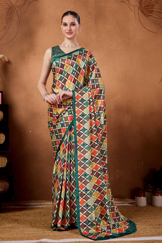Multi Color Printed Satin Ready to Wear Saree (ACA9386)