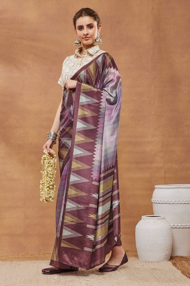 Purple Printed Satin Ready to Wear Saree (ACA9387)