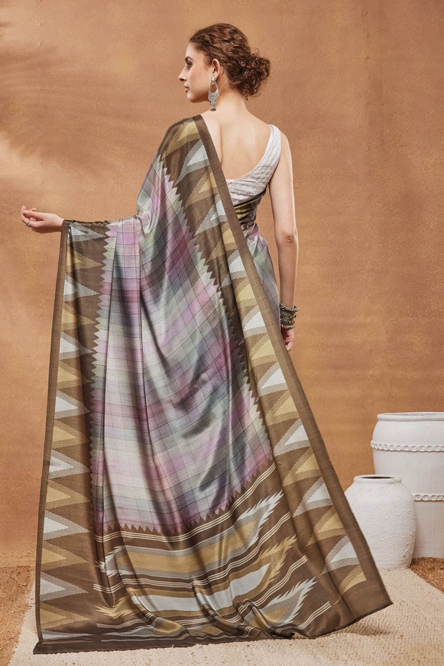 Brown Printed Satin Ready to Wear Saree (ACA9388)