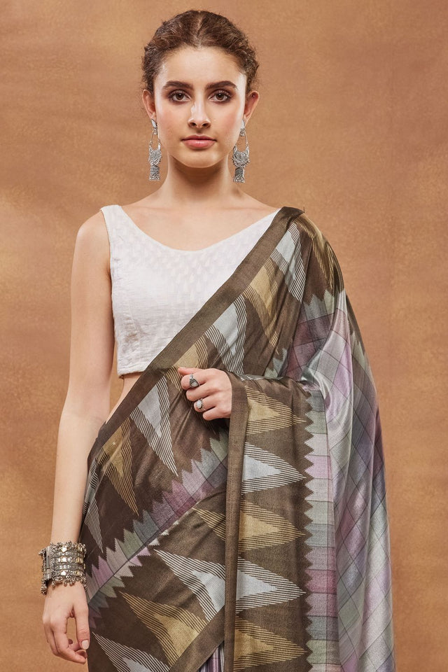 Brown Printed Satin Ready to Wear Saree (ACA9388)