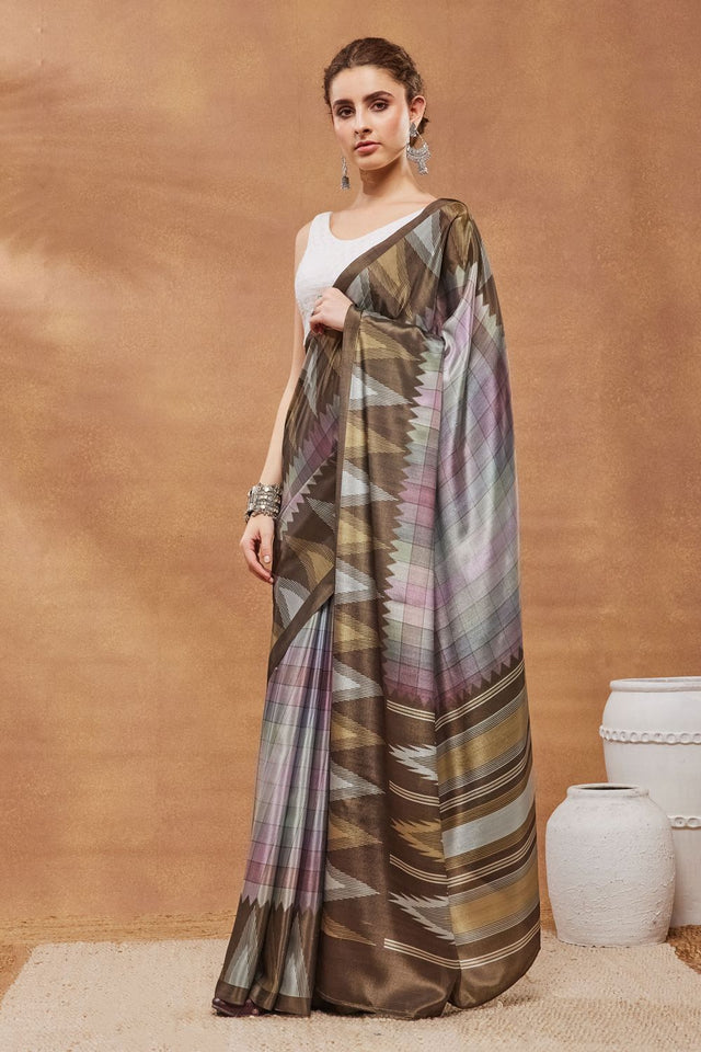 Brown Printed Satin Ready to Wear Saree (ACA9388)