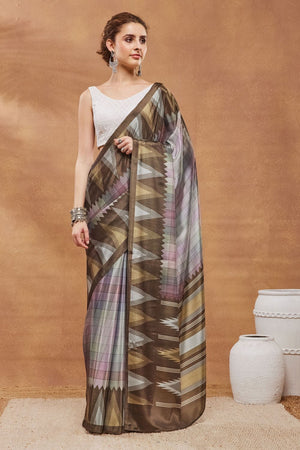 Brown Printed Satin Ready to Wear Saree (ACA9388)