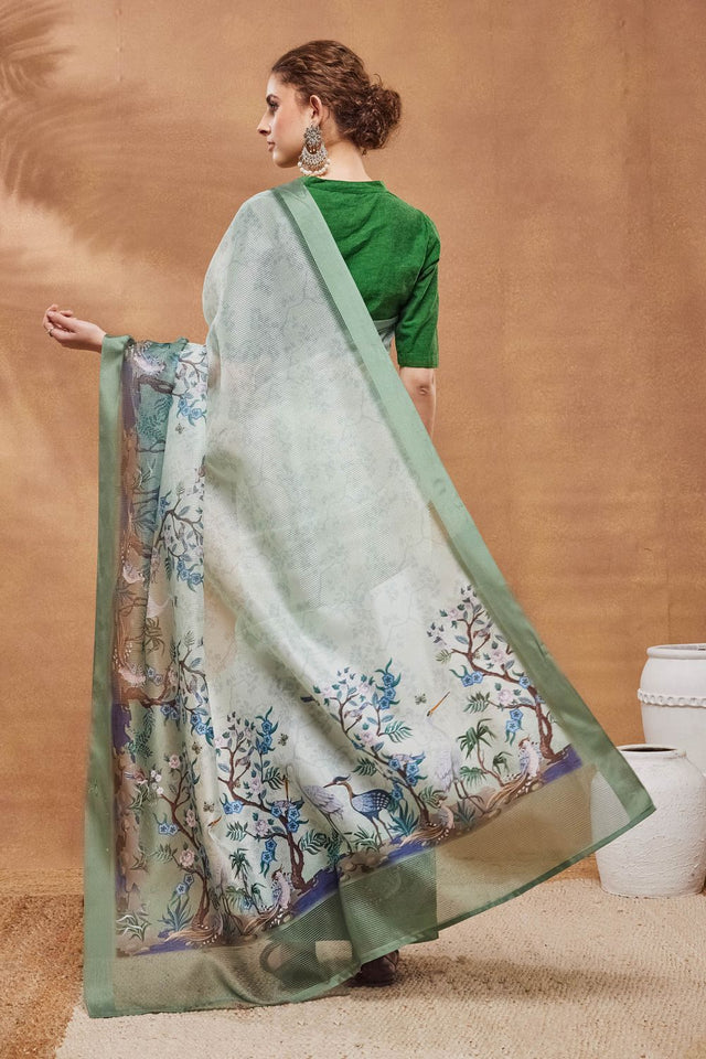 Green Printed Silk Blend Ready to Wear Saree (ACA9389)