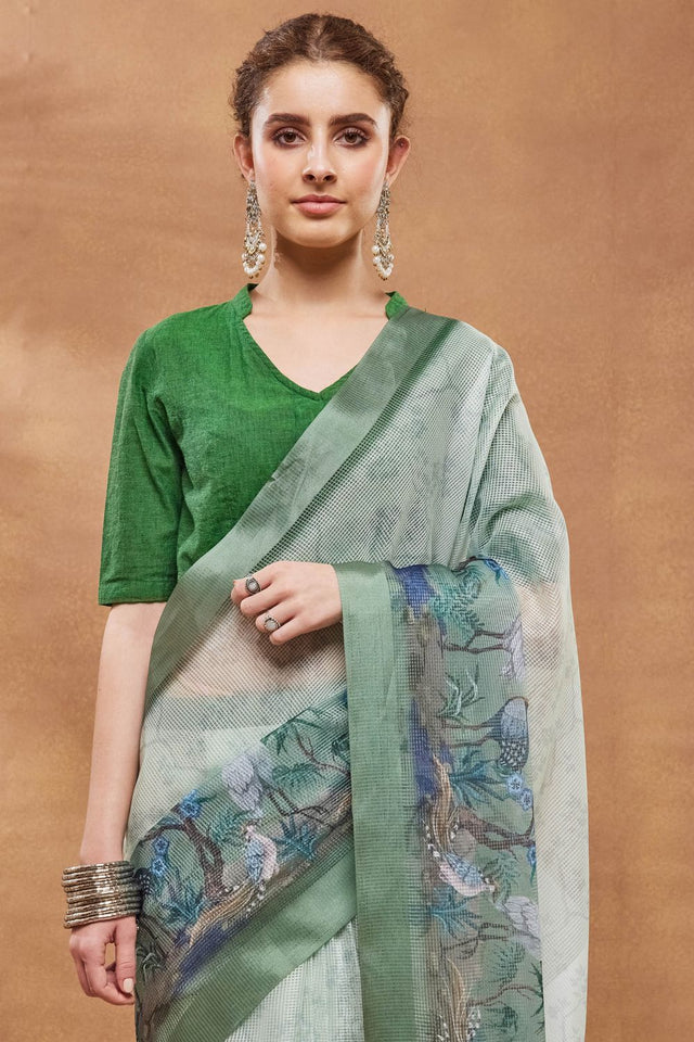 Green Printed Silk Blend Ready to Wear Saree (ACA9389)