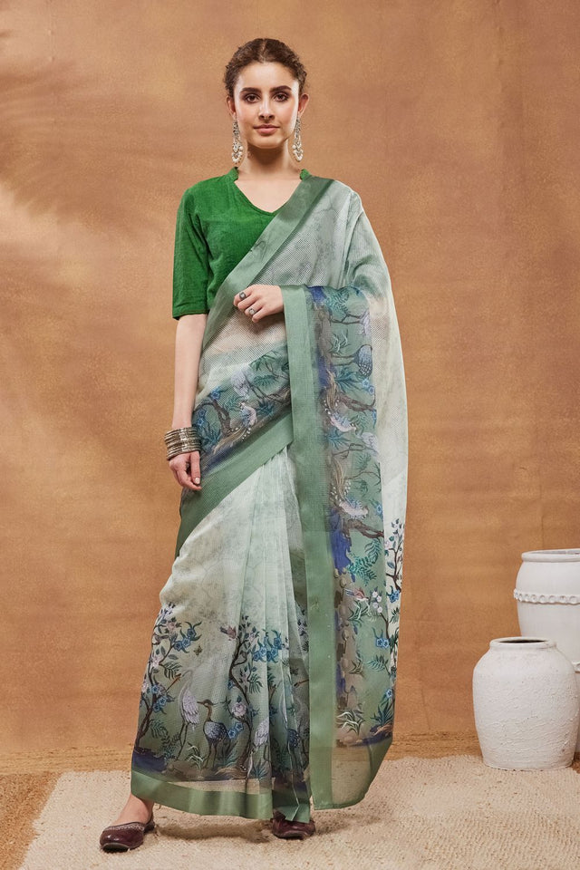 Green Printed Silk Blend Ready to Wear Saree (ACA9389)