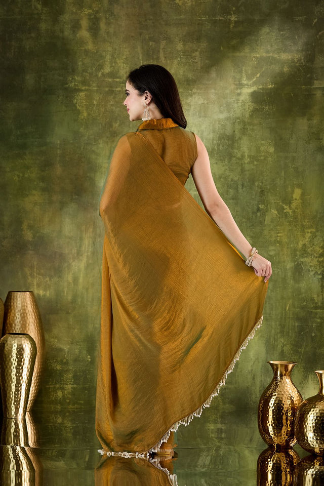 Gold Printed Silk Blend Ready to Wear Saree (ACA9390)