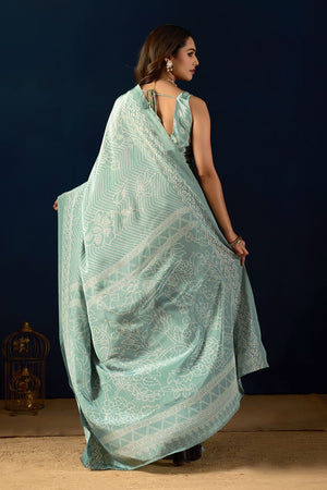 Blue Printed Crepe Ready to Wear Saree (ACA9391)
