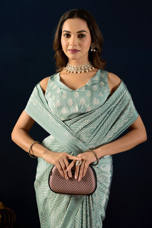 Blue Printed Crepe Ready to Wear Saree (ACA9391)