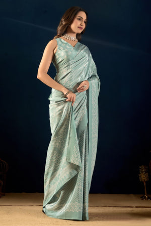 Blue Printed Crepe Ready to Wear Saree (ACA9391)