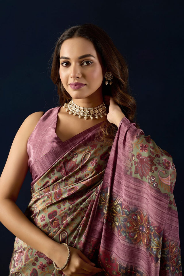 Purple Printed Crepe Ready to Wear Saree (ACA9392)