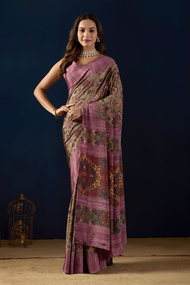 Purple Printed Crepe Ready to Wear Saree (ACA9392)
