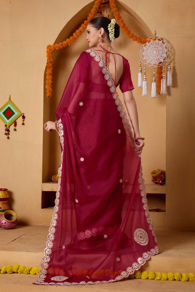 Red Mirror Work Tissue Ready to Wear Saree (ACA9394)