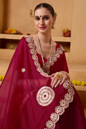 Red Mirror Work Tissue Ready to Wear Saree (ACA9394)