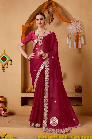 Red Mirror Work Tissue Ready to Wear Saree (ACA9394)