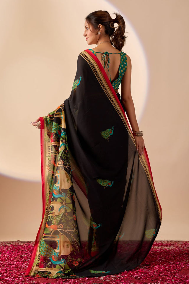 Black Printed Georgette Ready to Wear Saree (ACA9395)