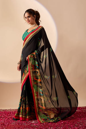 Black Printed Georgette Ready to Wear Saree (ACA9395)