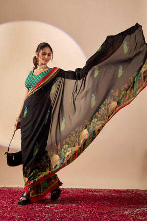 Black Printed Georgette Ready to Wear Saree (ACA9395)
