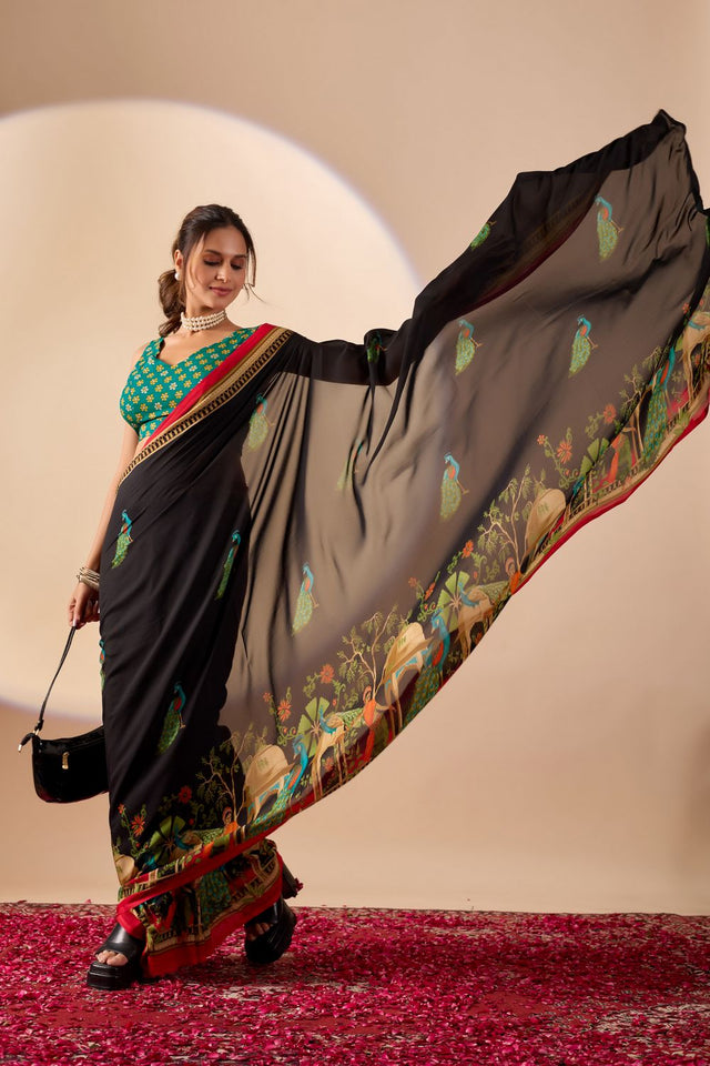 Black Printed Georgette Ready to Wear Saree (ACA9395)