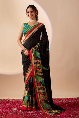 Black Printed Georgette Ready to Wear Saree (ACA9395)