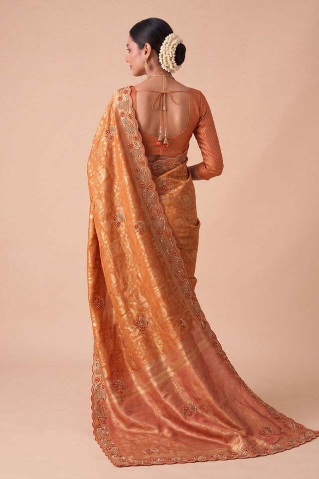 Rust Woven Banarasi Silk Saree (ACA9396)