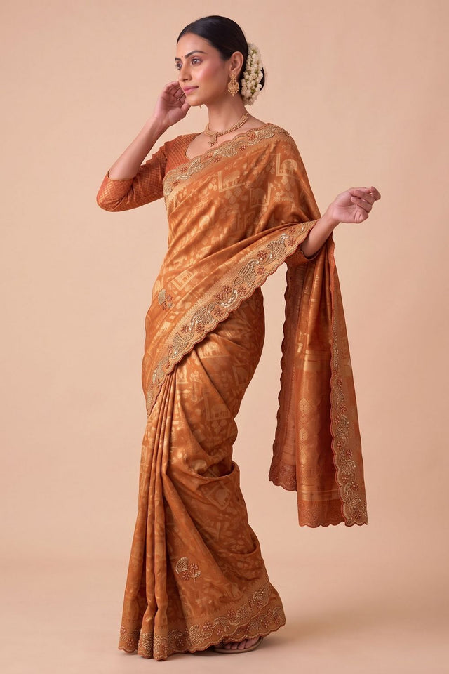 Rust Woven Banarasi Silk Saree (ACA9396)