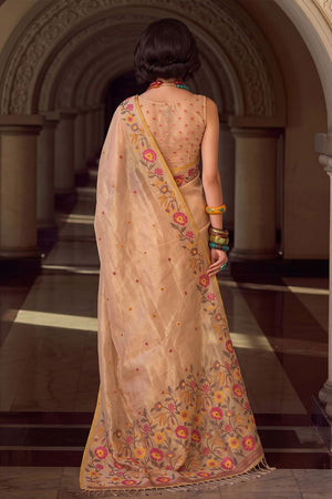 Beige Floral Embroidered Silk Blend Saree (ACA9401)