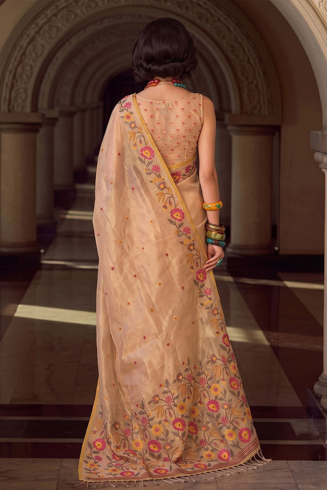 Beige Floral Embroidered Silk Blend Saree (ACA9401)