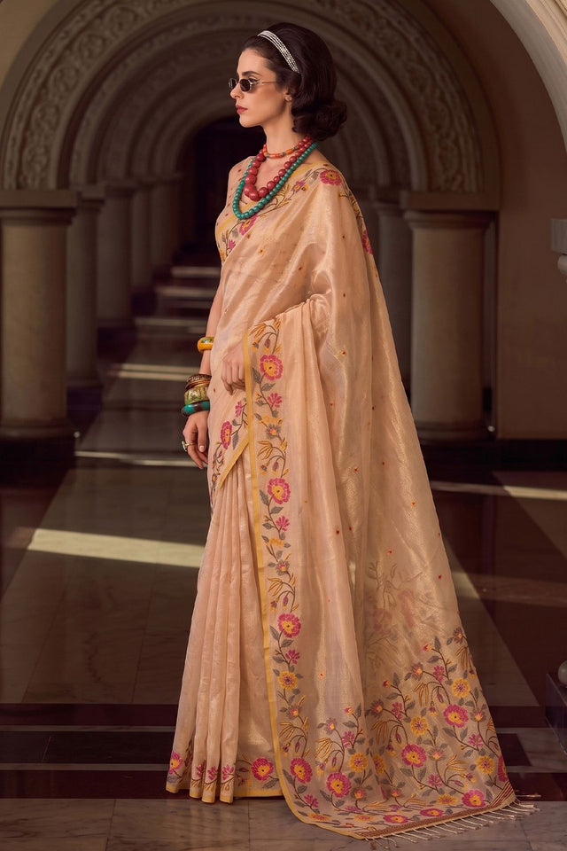 Beige Floral Embroidered Silk Blend Saree (ACA9401)